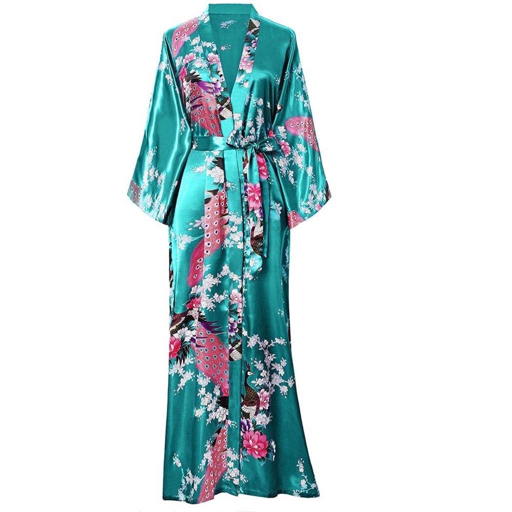 Kimono Long Robes Peacock and Blossoms Printed